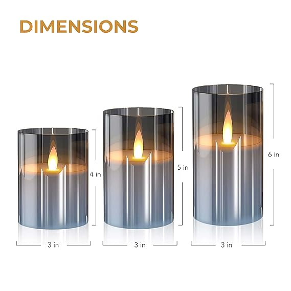 Flameless Flickering LED Pillar Candles Real Wax Pack of 3 D 3" H 4" 5" 6" (Grey)