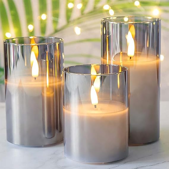 Flameless Flickering LED Pillar Candles Real Wax Pack of 3 D 3" H 4" 5" 6" (Grey)