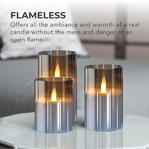 Flameless Flickering LED Pillar Candles Real Wax Pack of 3 D 3" H 4" 5" 6" (Grey)